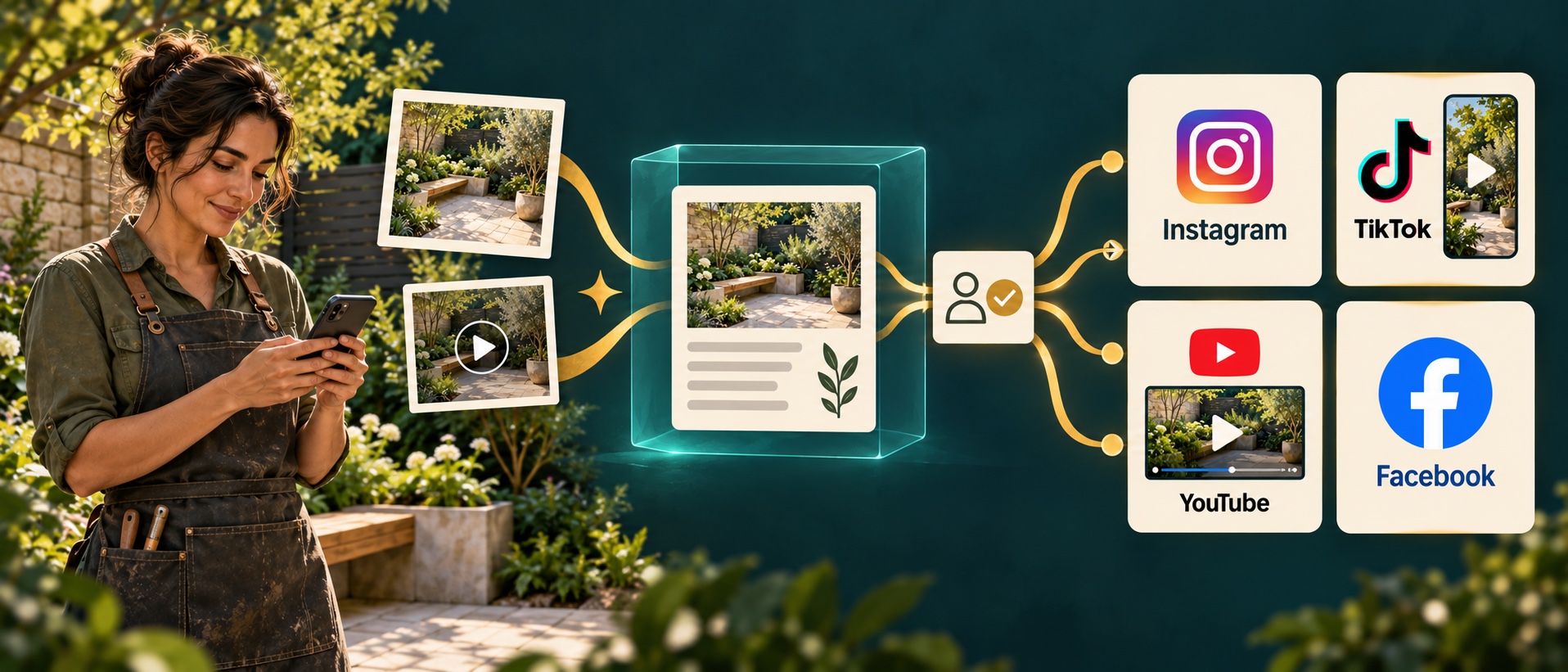 A landscaping business owner reviews a post on her phone in a garden. Photos and a video feed into a draft, then pass through human approval before publishing to a selected channel: Instagram, TikTok, YouTube or Facebook.